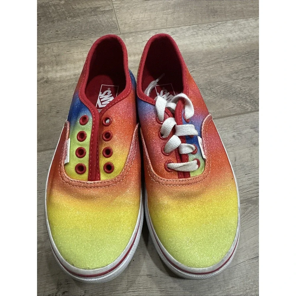Vans Authentic Rainbow/Glitter Red/Blue/Yellow Girls Kids‎ Sz 2 Needs Laces